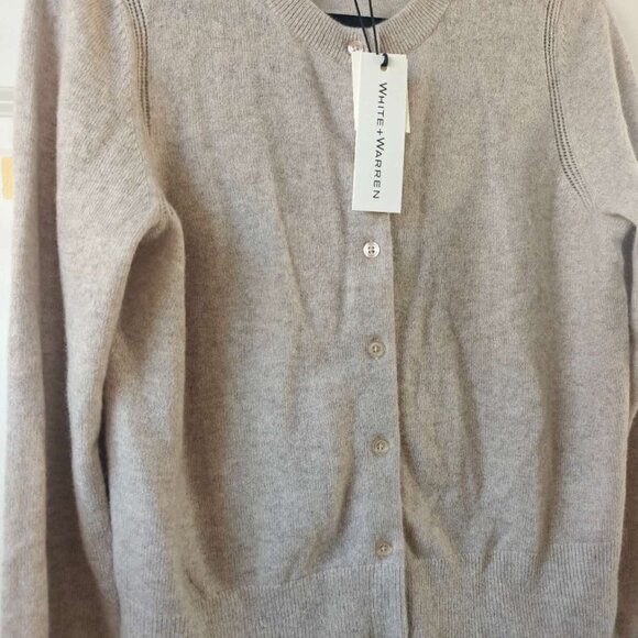 NEW White + Warren Cashmere Crewneck Essential Cardigan Oats - Picture 4 of 5